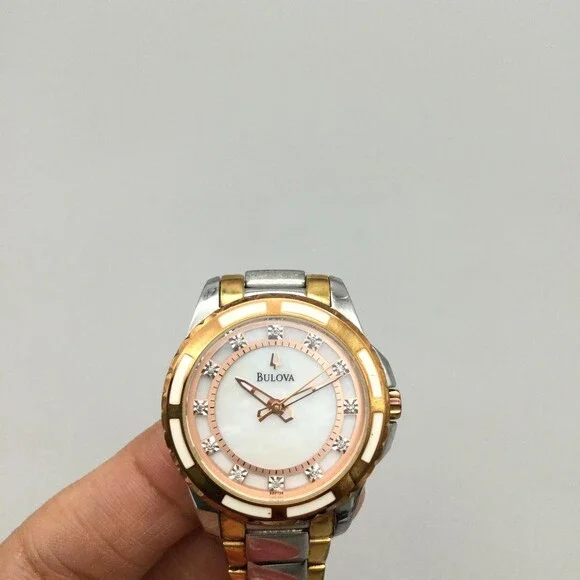Bulova Womens Watch 33mm Two Tone 98P134 MOP Dial Diamonds New Battery 6.5" - Picture 7 of 14